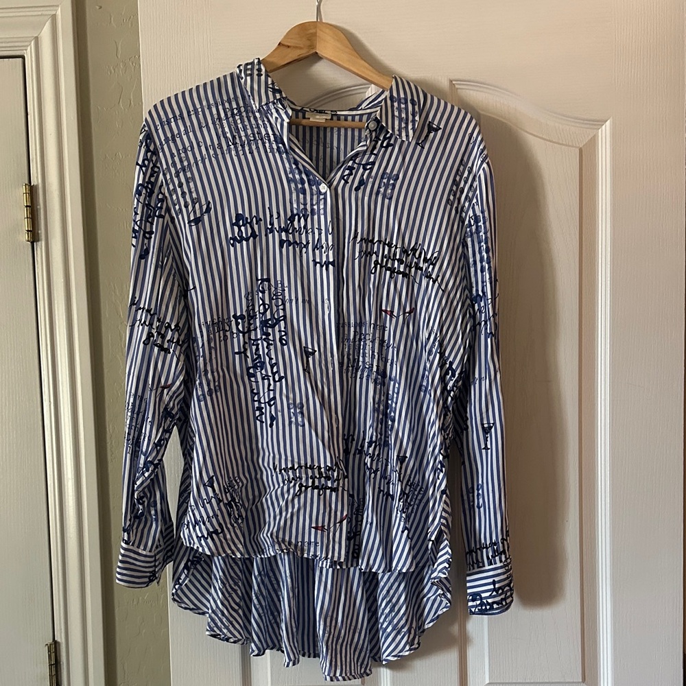 163 Chico's Navy and White Striped Button-Down Shirt sz 3 XL